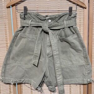 Zara Sz 6 Denim Jean Shorts Paperback Belt Green Raw Hem Festival HighWaist Boho